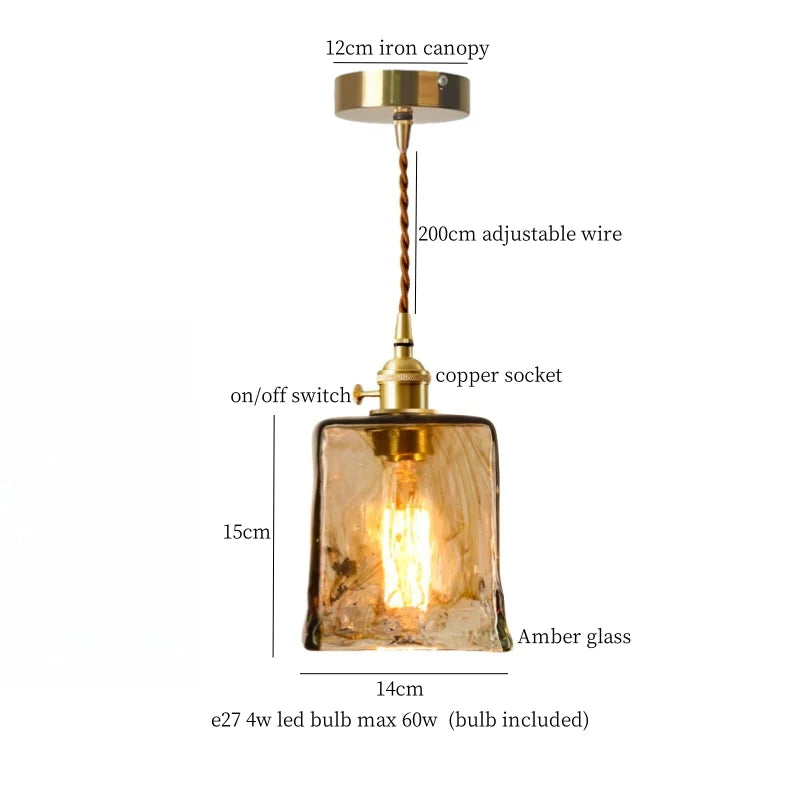 Afralia™ Red Glass LED Pendant Lamp American Style Vintage Copper Hanging Light