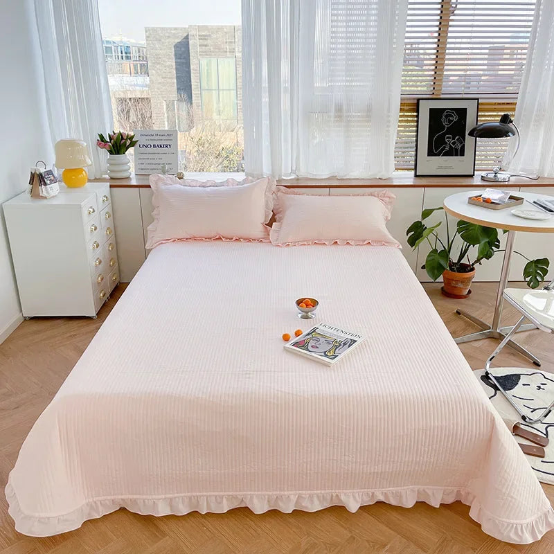 Afralia™ Quilted Cotton Queen Bed Cover Set with Ruffles - Soft & Comfortable Home Bedspread