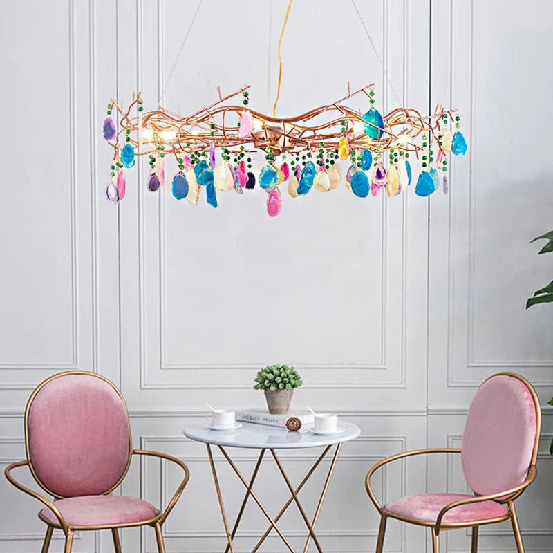 Afralia™ Colorful Agate Chandelier: Height Adjustable, Vibrant Light for Home, Restaurant & Bedroom.