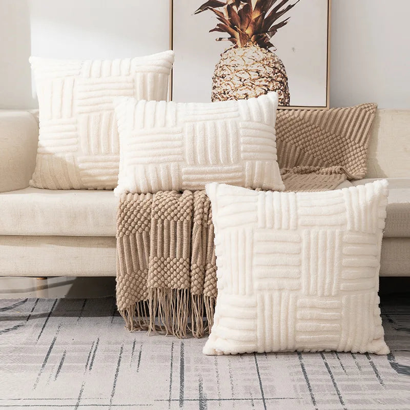 Afralia™ Boho Faux Fur Plush Throw Pillow Covers, Cream White Luxury Soft Fluffy Decorative Pillowcase