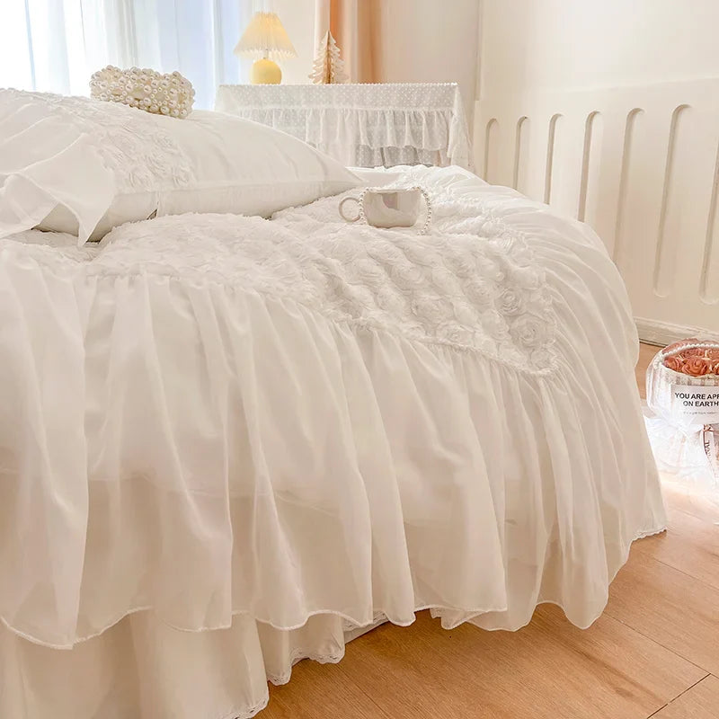 Afralia™ Rose Flowers Embroidery Princess Bedding Set - Pure Cotton, Lace Ruffles