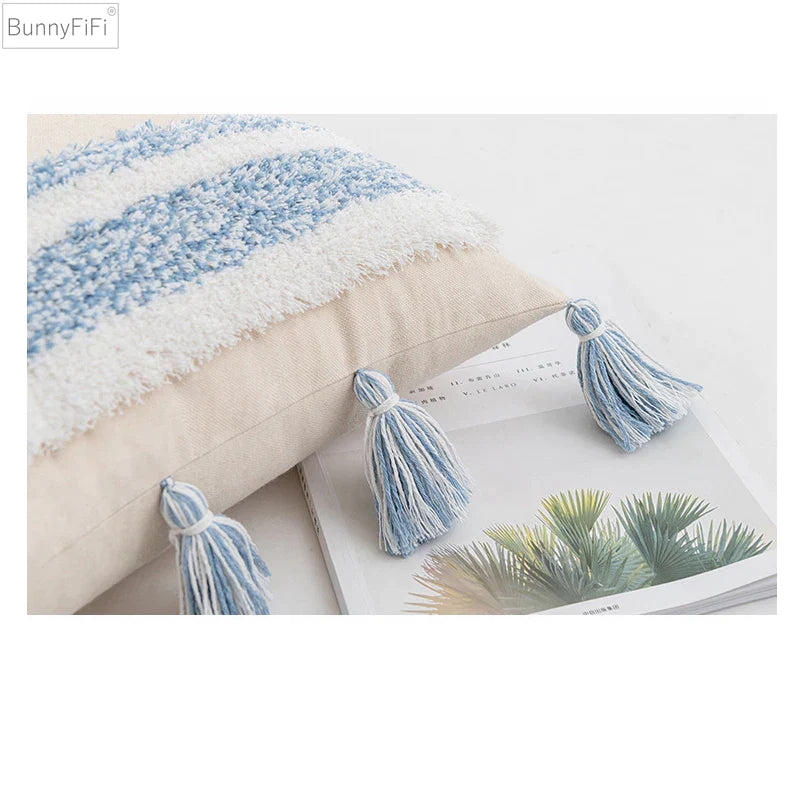 Afralia™ Blue Grey Stripe Tufted Cushion Cover 45x45cm/30x50cm for Home Decoration