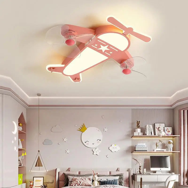 Afralia™ Cartoon Aircraft Fan Light for Modern Kids Room, Creative LED Bedroom Lighting