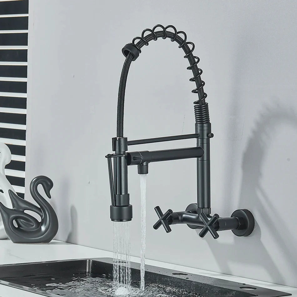 Afralia™ Black Kitchen Faucet Wall Mounted Dual Swivel Spouts Vessel Sink Mixer Tap