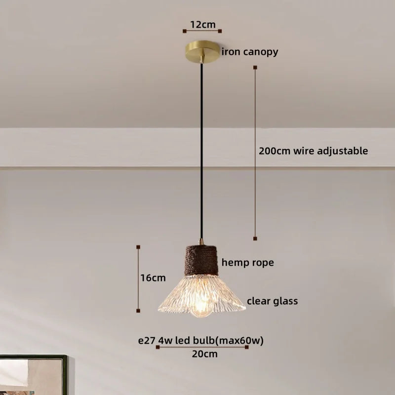 Afralia™ Clear Glass LED Pendant Light - Hemp Rope Chandelier for Home Decor