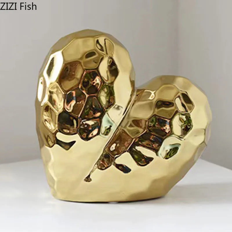 Afralia™ Gold Heart Ceramic Statue Ornament - Irregular Heart Sculpture Decor Figurine