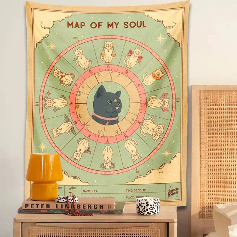 Afralia™ Cat Tapestry Soul Tarot Zodiac Constellation Wheel Retro Boho Living Room Decor