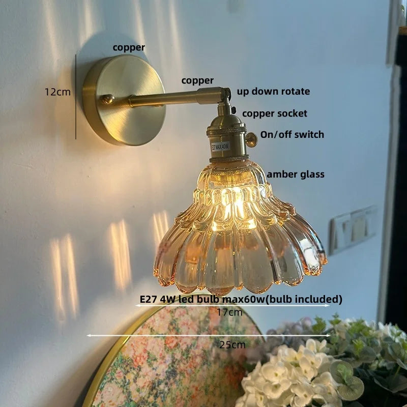 Afralia™ Flower Glass Pull Chain Wall Sconce, Rotatable Copper LED Stair Light