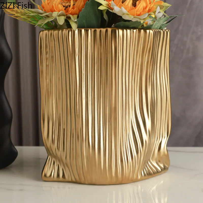 Afralia™ Ceramic Bag Vase with Artificial Flowers for Modern Home Decor