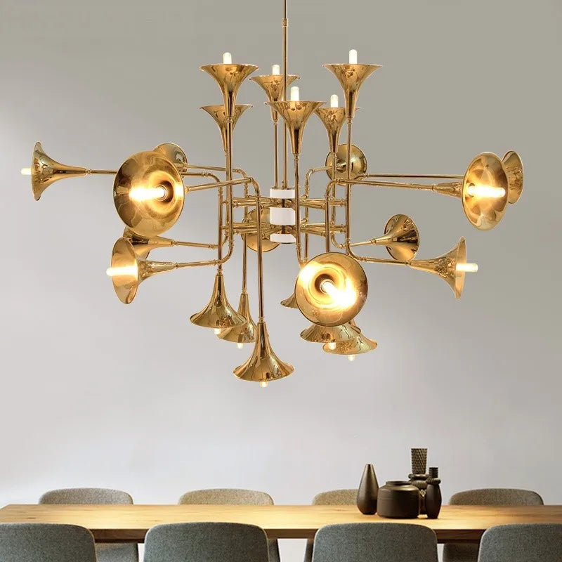 Afralia™ Gold Trumpet Pendant Multi-Head Chandeliers: Modern Creative Horn Floor Lights