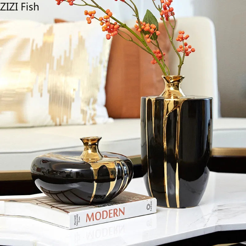 Afralia™ Elegant Black Gold Ceramic Vase for Modern Luxury Flower Decoration