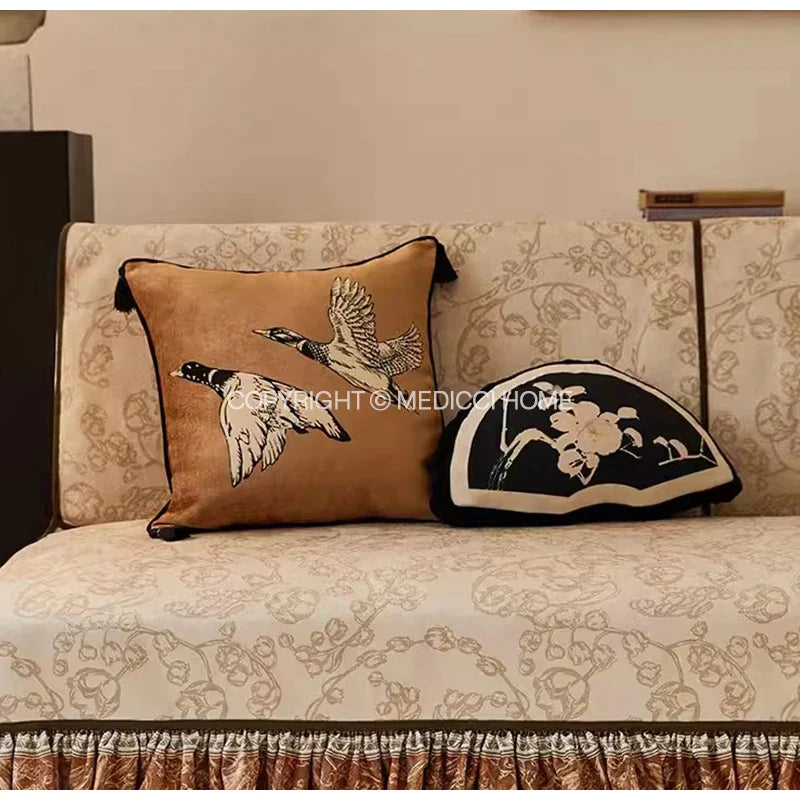 Afralia™ Swallows & Geese Retro Cushion Covers, Reversible Oriental Antique Finish Pillow Cases