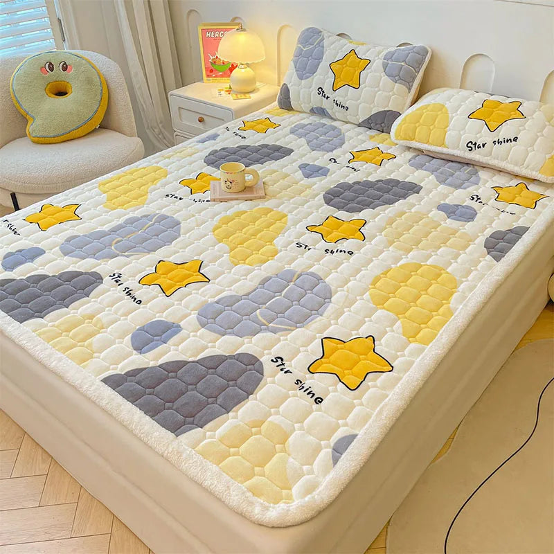 Afralia™ Milk Velvet Printed Mattress Topper: Thick Warm Cartoon Cushion for All Seasons