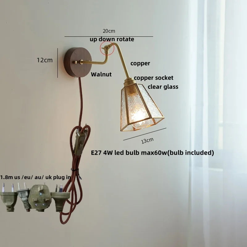 Afralia™ Copper Rotate Arm LED Wall Light: Clear Glass Walnut Bedside Lamp
