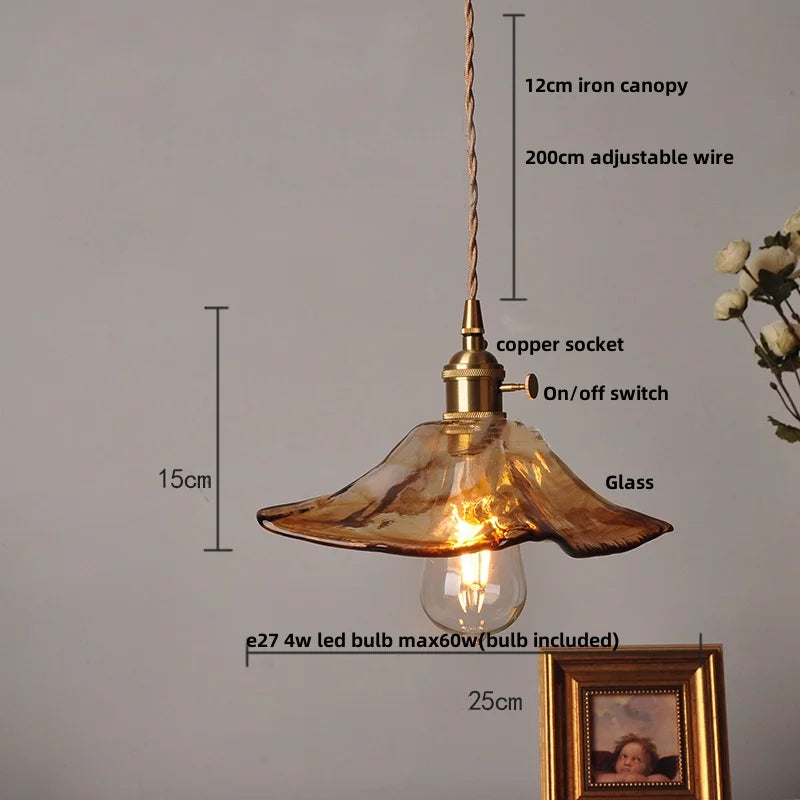 Afralia™ Amber Glass LED Pendant Light Fixture, Vintage E27 Copper Hanging Lamp