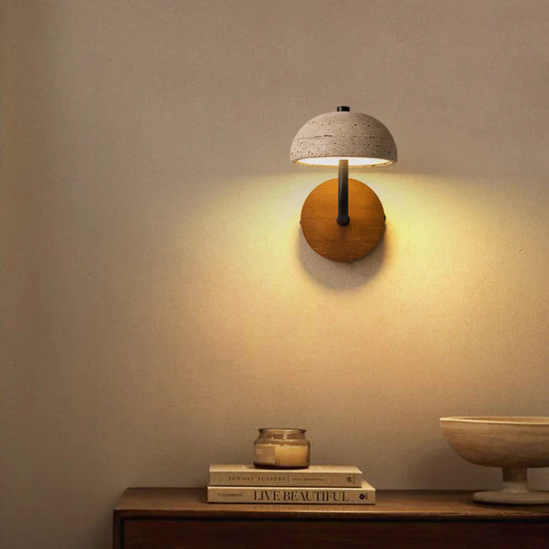 Afralia™ Vintage LED Wall Sconce Lamp Yellow Travertine Pull Chain Switch Wood Mirror Light
