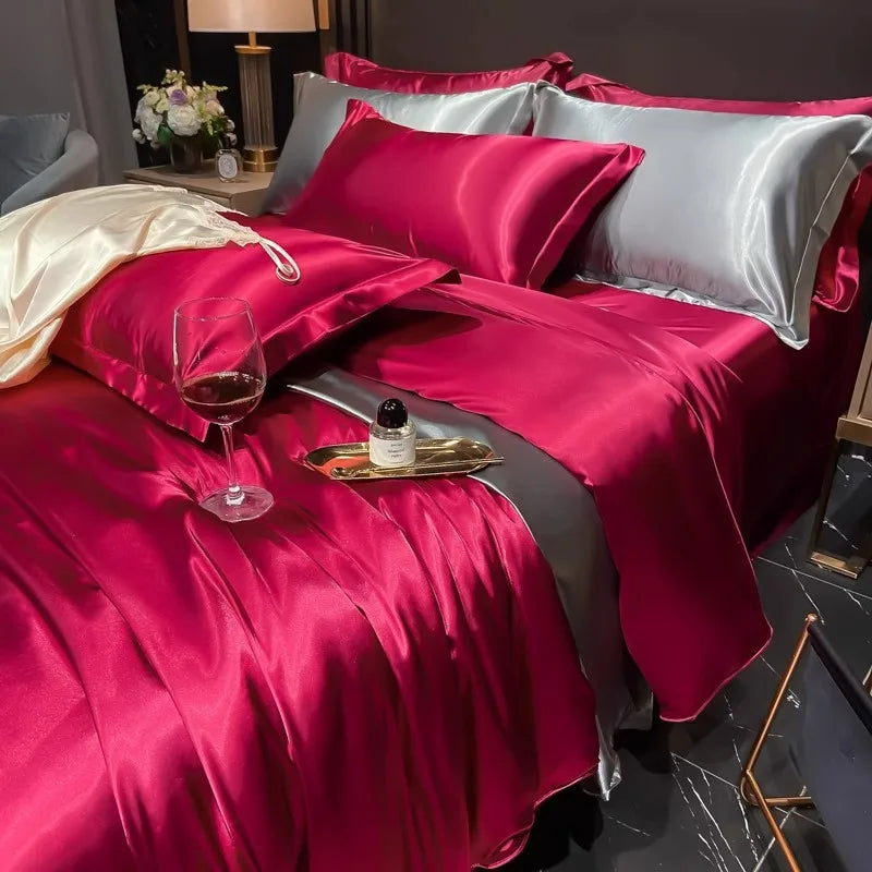 Afralia™ Silk Bedding Set: Mulberry Silk Duvet Set with Fitted Sheet, King or Queen Size