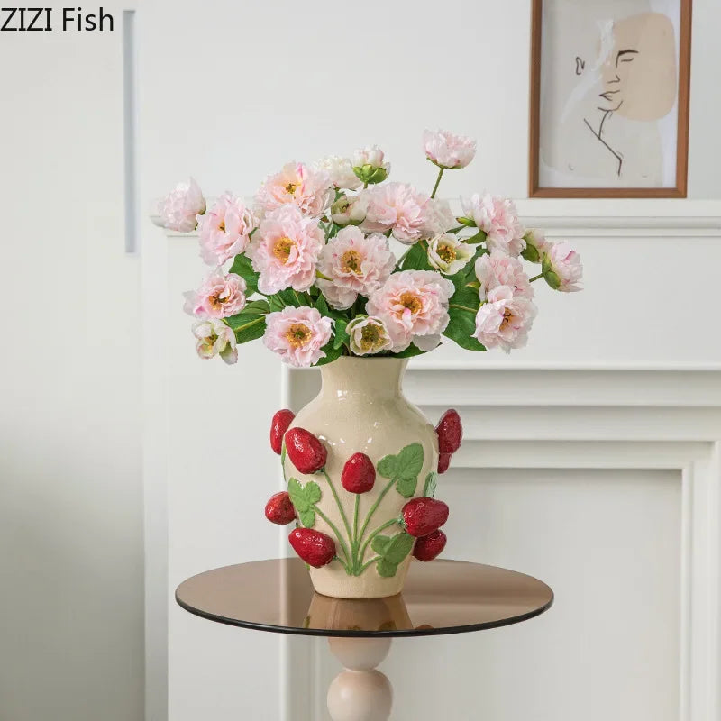 Afralia™ Strawberry Relief Ceramic Vase for Chic Room Aesthetic Flower Arrangement