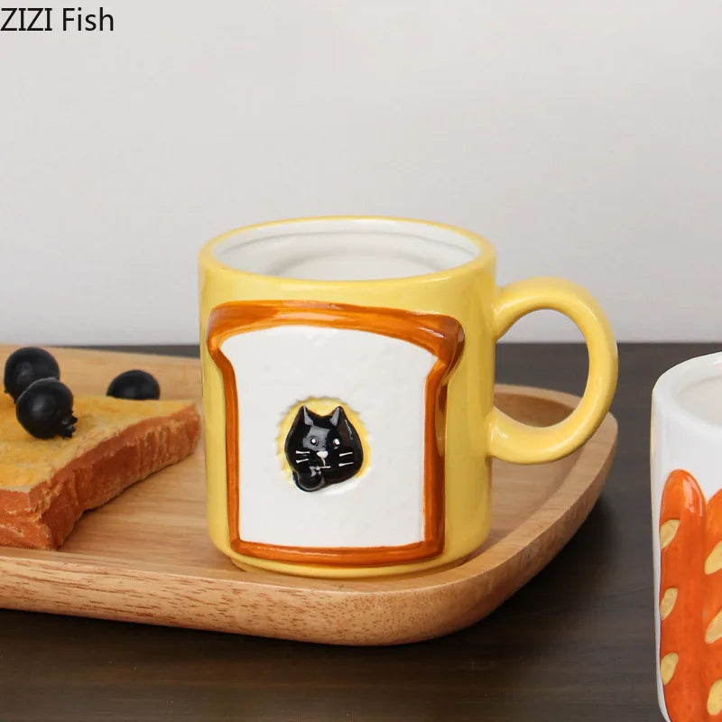 Afralia™ Cat & Bread Pattern Ceramic Cup 200ml Coffee Mug Tea Afternoon Teacup Juice Mug