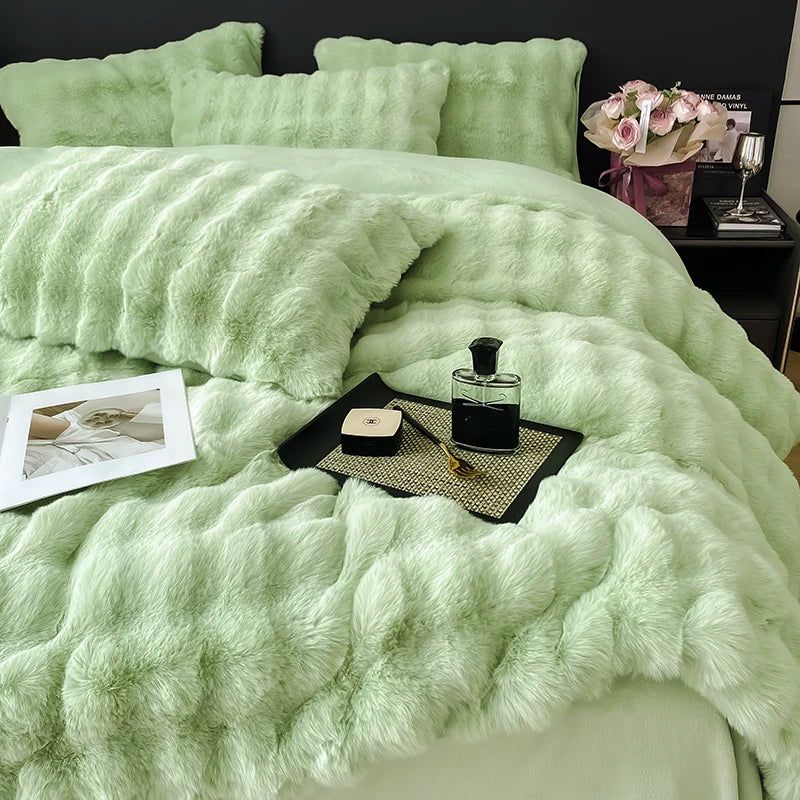 Afralia™ Gradient Faux Rabbit Fur Bedding Set - Warm Luxury Plush Duvet Cover & Quilt Sets