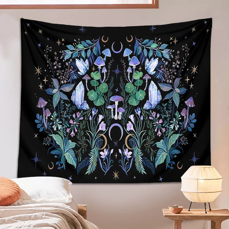 Afralia™ Moon Moth Mushroom Forest Mandala Tapestry Botanical Bedroom Decor