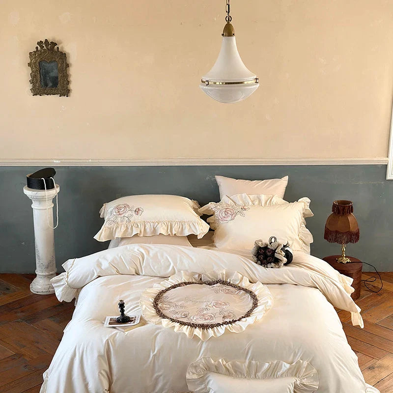 Afralia™ Luxe Rose Flowers Embroidery Bedding Set 1000TC Egyptian Cotton Queen King