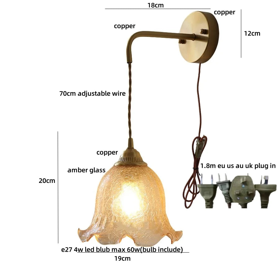 Afralia™ Amber Glass LED Wall Sconce with Pull Chain Switch for Bedroom and Bathroom