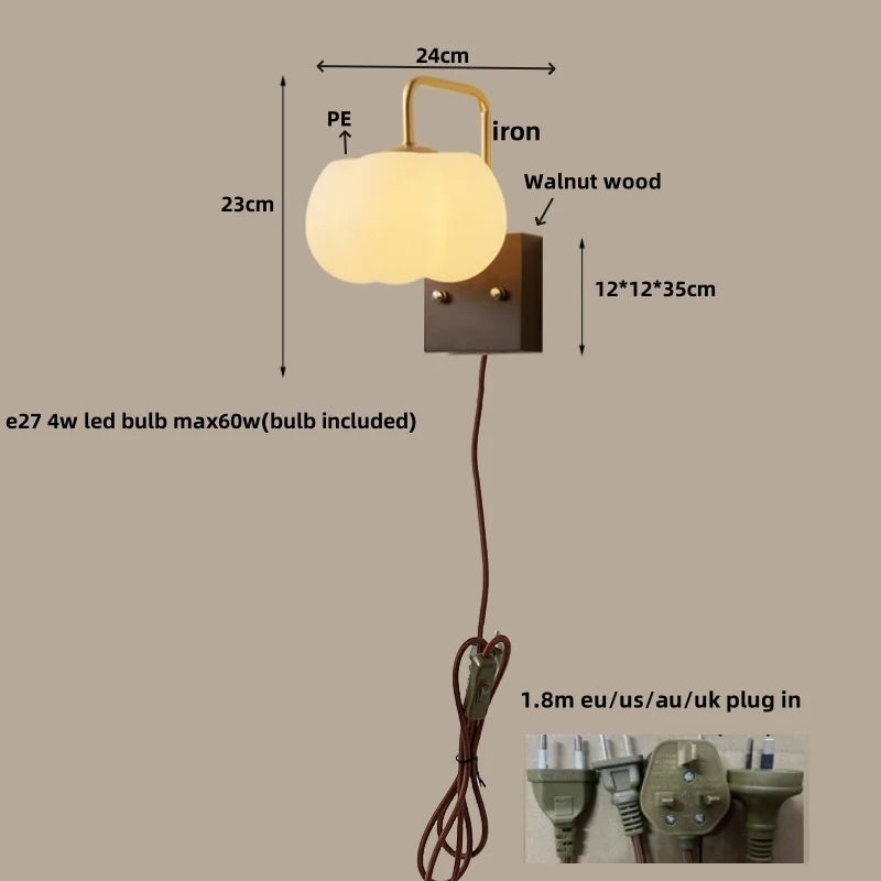 Afralia™ Glass Wall Light Fixture Walnut Wood Modern Nordic Pull Chain Switch Lamparas