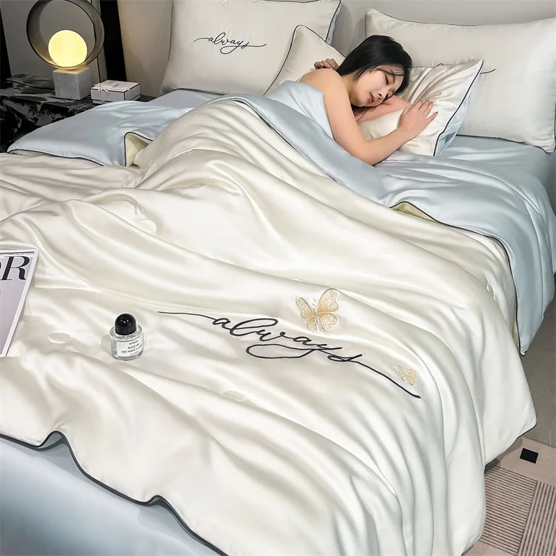 Afralia™ Nordic Style Floral Embroidered Ice Silk Comforter Set for Cooling Luxury Experience.