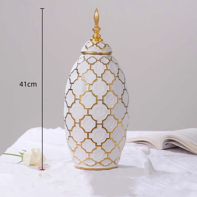 Afralia™ Checkmate Ginger Jar Vase Plaid Gold Porcelain Bottle Home Decor