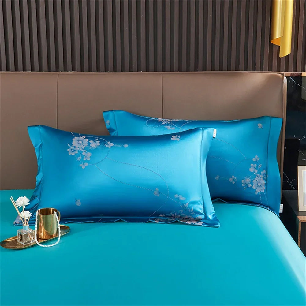 Afralia™ Blue Satin Jacquard Embroidery Bedding Set: King/Queen Size Bed Lines, Duvet Cover, Pillowcase