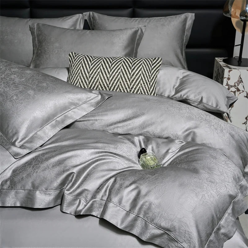 Afralia™ Luxury Grey Jacquard Cotton Bedding Set with Silky Duvet Cover and Pillowcases
