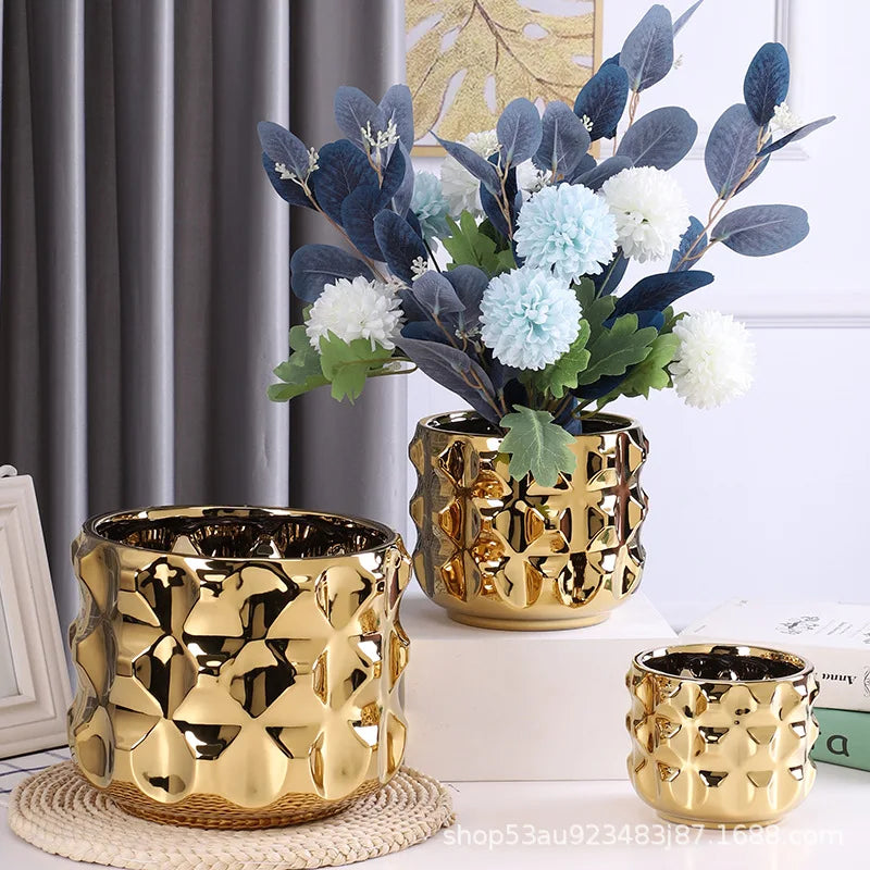 Afralia™ Gold Ceramic Flower Pot Geometry Vase for Succulents and Floral Arrangements