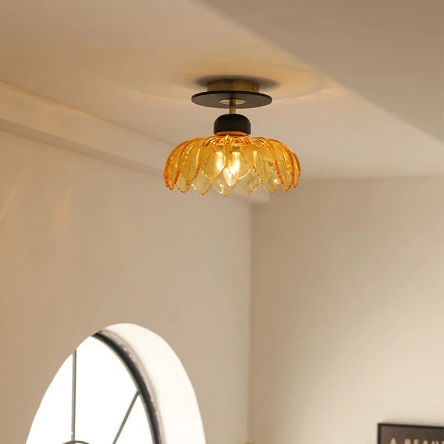 Afralia™ Amber Glass Ceiling Lamp Wood Nordic Modern Bedroom Bathroom Light