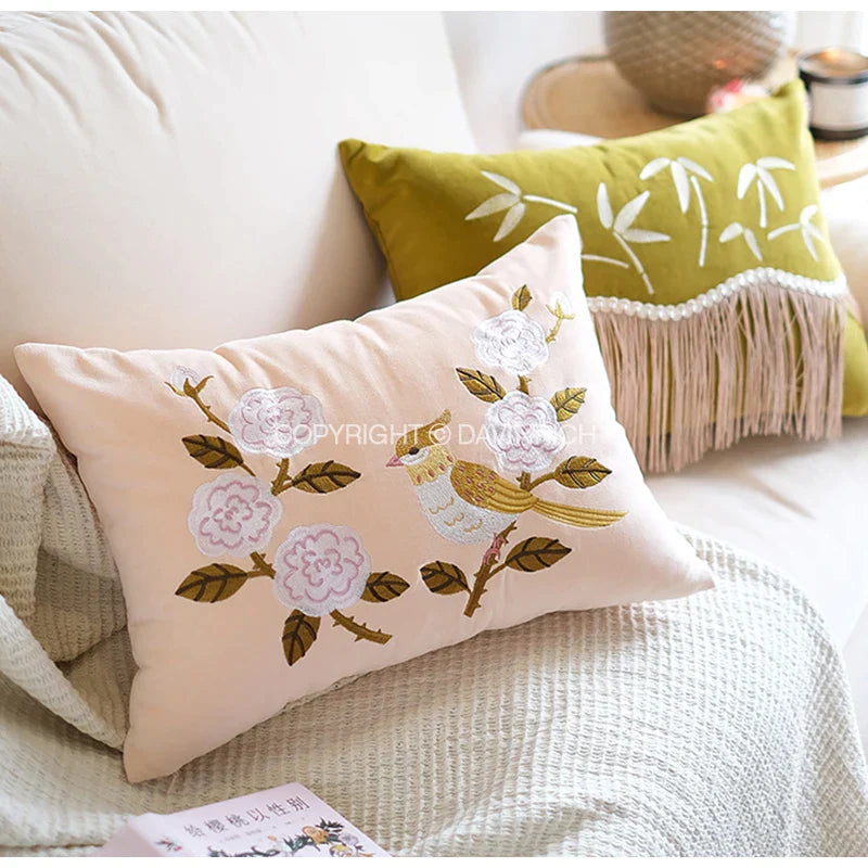 Afralia™ Bamboo Embroidery Yellow Patchwork Art Throw Pillow Cover 45x45cm