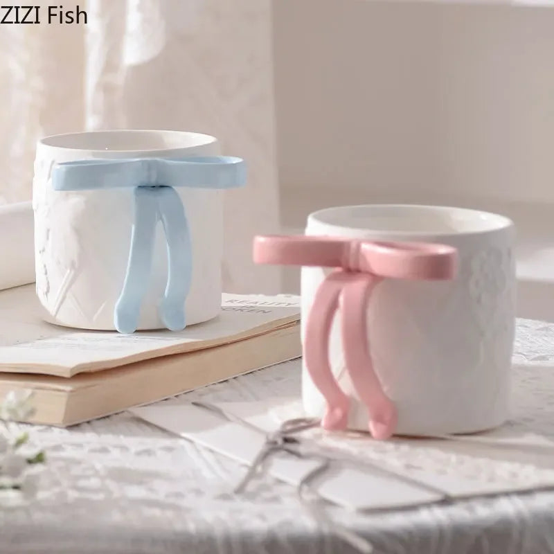 Afralia™ Bowknot Ceramic Mug & Saucer Set - Tea, Coffee, Juice Cup for Dining Table