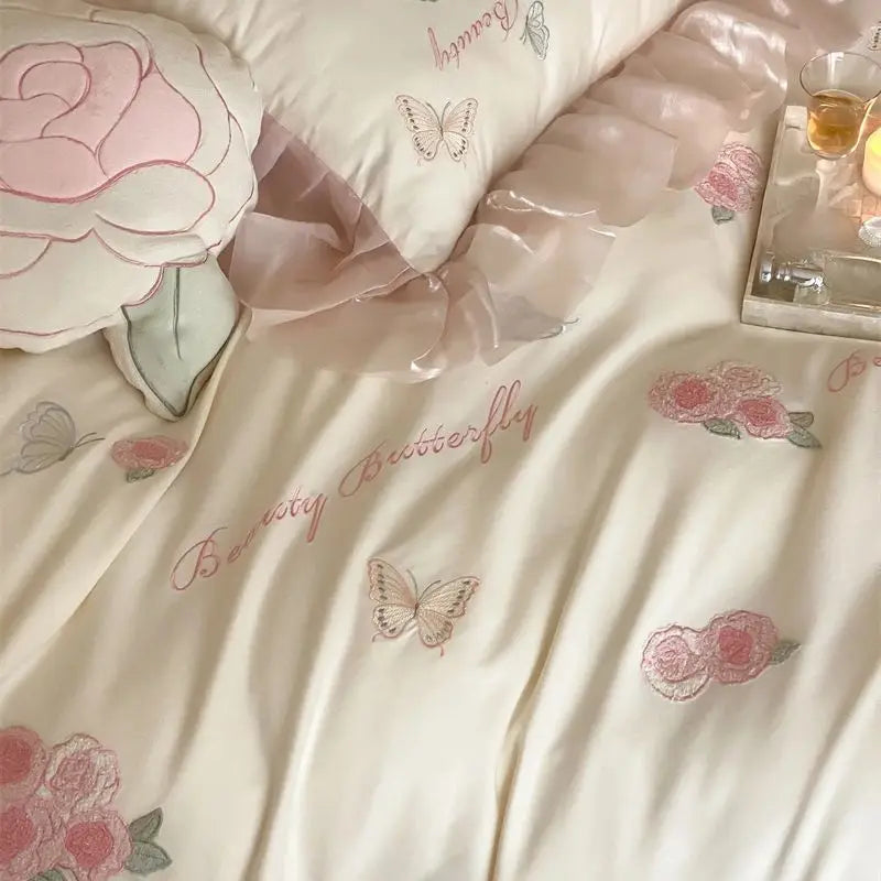 Afralia™ Butterfly Flowers Lace Ruffles 4Pcs Bedding Set: Duvet Cover, Sheet, Pillowcases