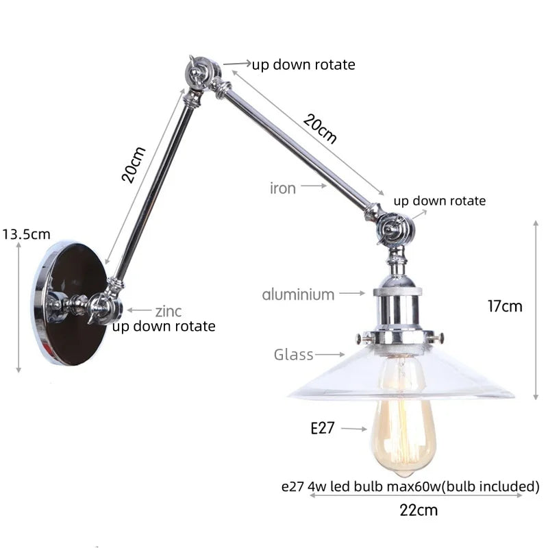 Afralia™ Industrial Loft Swing Arm LED Wall Sconce Glass Vintage Mirror Light