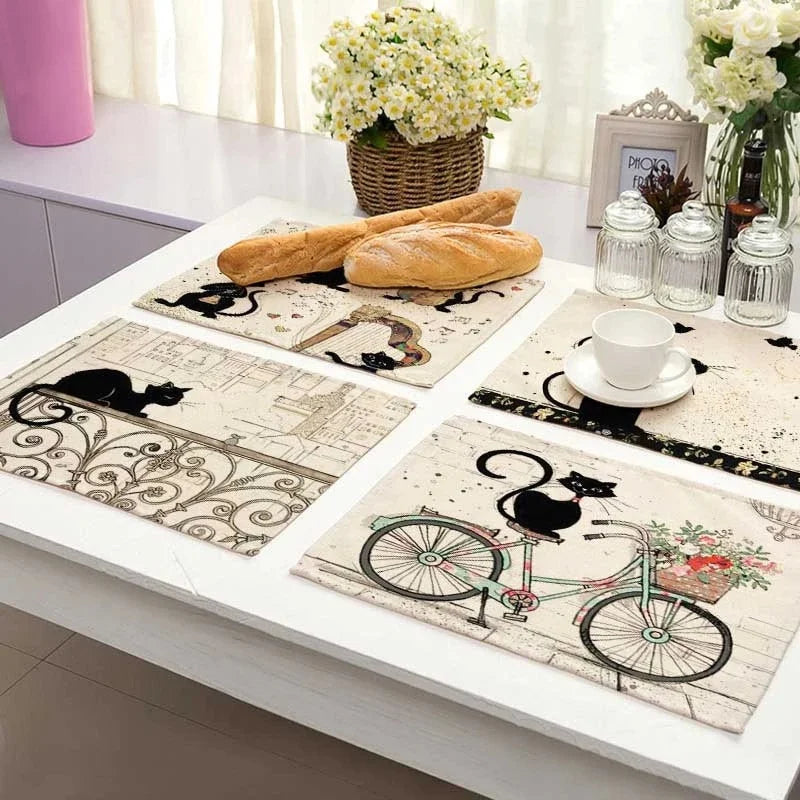 Afralia™ Black Cat Linen Placemat Set for Dining Table & Kitchen Decor