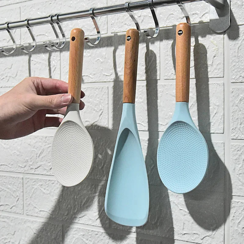 Afralia™ Silicone Rice Shovel Spoon with Wooden Handle - Non-Stick Cooking Spatula Scoop