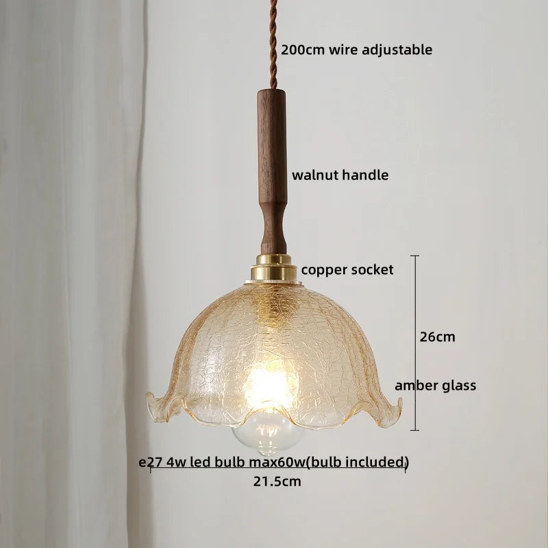 Afralia™ Amber Glass LED Pendant Lamp, Copper Walnut Hanging Light Fixture for Home Decor