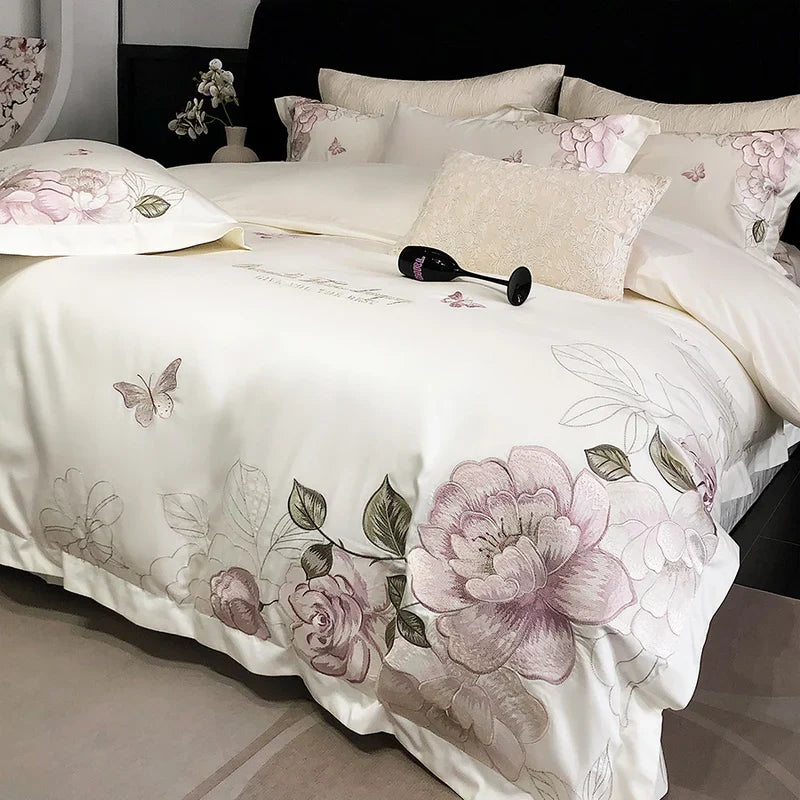 Afralia™ Butterfly Flowers Embroidery 600TC Egyptian Cotton Bedding Set: Duvet Cover, Bed Sheet, Pillowcases