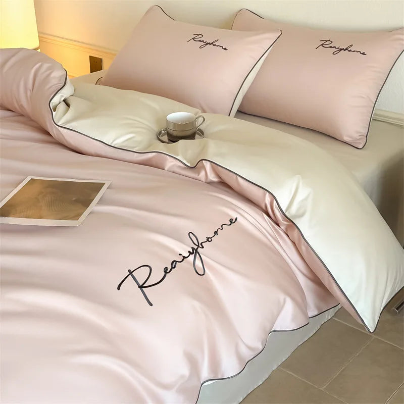 Afralia™ Pure Cotton Luxury Embroidery Bedding Set - Nordic Solid Color Duvet Bedclothes