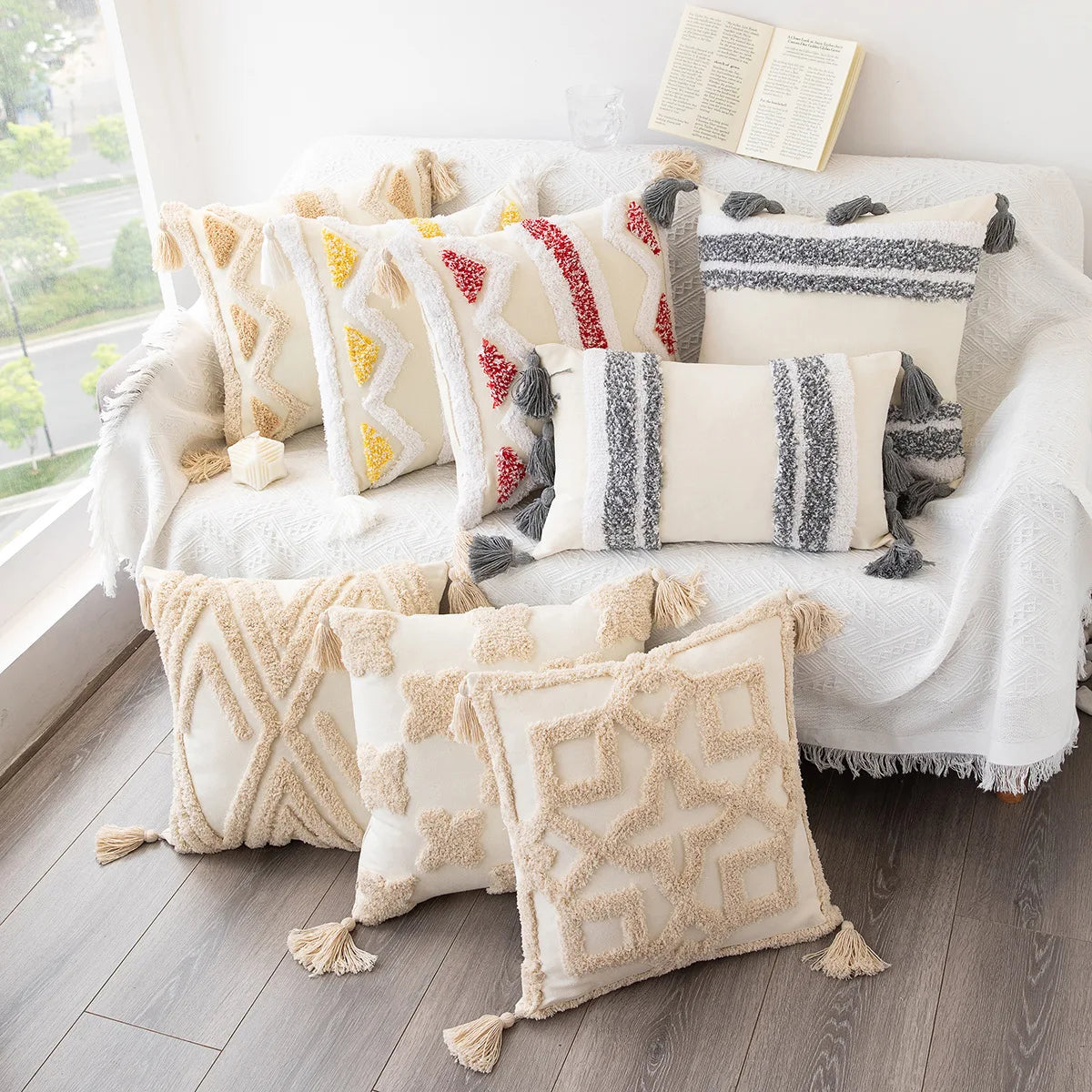Geometric Tufted Cushion Cover with Fringe by Afralia™ - Black White Beige Sofa Pillow