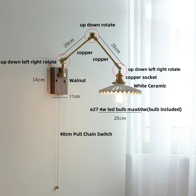 Afralia™ Ceramic Ball Brass Walnut Wood Wall Light with Pull Chain Switch