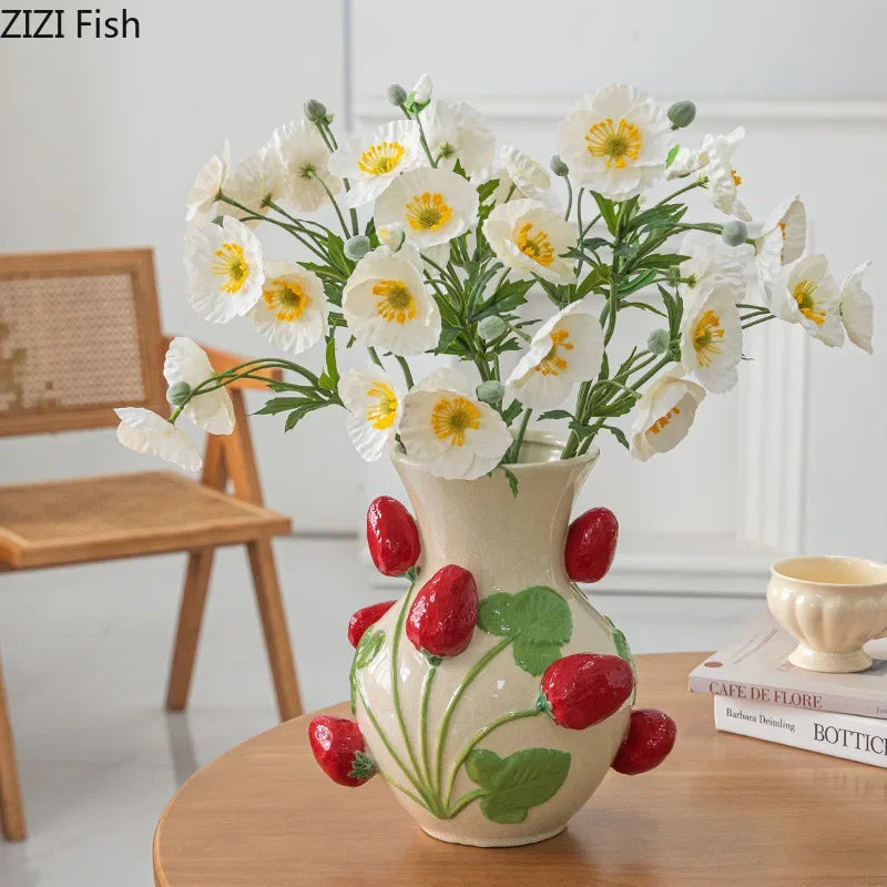 Afralia™ Strawberry Relief Ceramic Vase for Chic Room Aesthetic Flower Arrangement