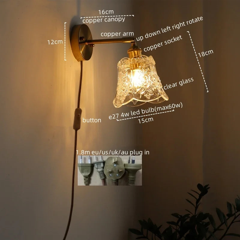 Afralia™ Vintage LED Wall Light Glass Copper Applique Da Parete