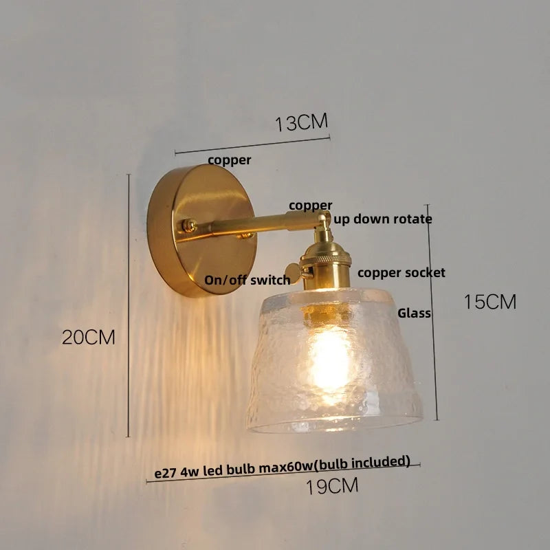 Afralia™ Clear Glass LED Wall Lights Brass E27 Pull Chain Switch Bedside Lamp