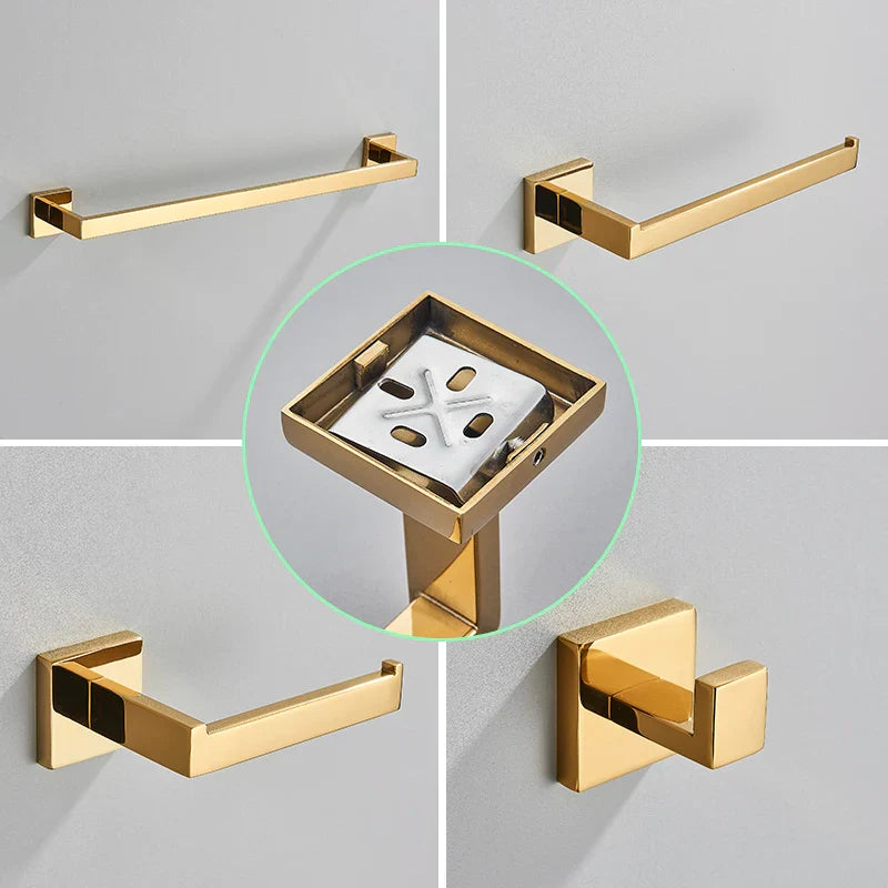 Afralia™ Polish Gold Stainless Steel Bathroom Accessories Set: Towel Bar, Paper Holder, Hook
