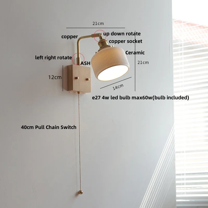 Afralia™ Globe Ceramic LED Wall Lights Walnut Wood Sconce Rotatable Bedside Lamp